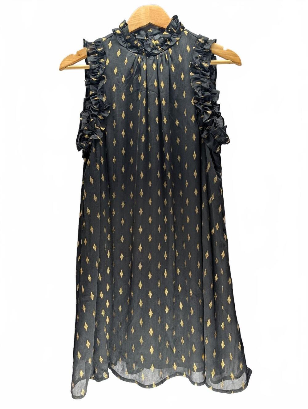 Fabrik Medium Black Sleeveless Dress with Gold Diamond Print